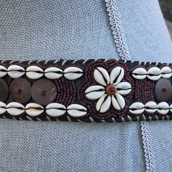 Handmade Boho Cowrie Shell & Coconut Shell Leather Tie Belt main image 8